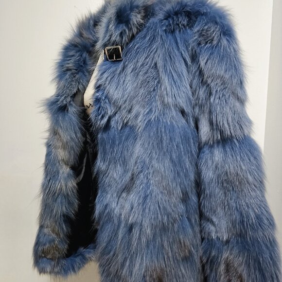 New Misty Slate Blue Grey Navy Fox Fur Coat Jacket No Mink - Picture 3 of 5